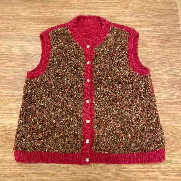 Hand Knitted Vintage Wool Vest Brown Red - Picture 7 of 14